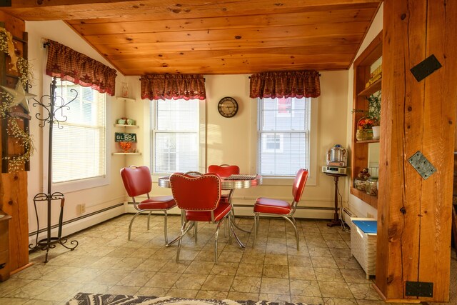 dining room featuring lofted ceiling, wood ceiling, a wealth of natural light, and a baseboard radiator