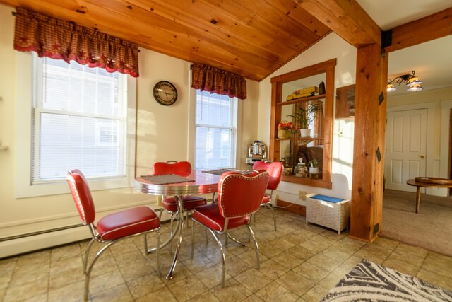 dining area with vaulted ceiling with beams and wood ceiling