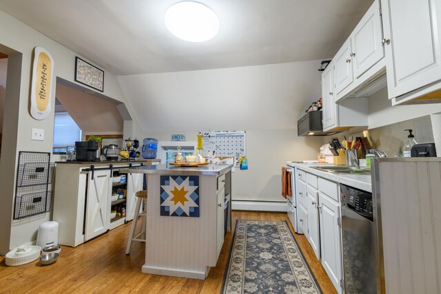 kitchen with white cabinets, dishwasher, a breakfast bar area, light hardwood / wood-style flooring, and baseboard heating