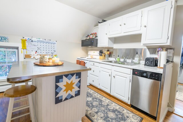 kitchen featuring stainless steel dishwasher, white electric stove, white cabinets, sink, and light hardwood / wood-style flooring