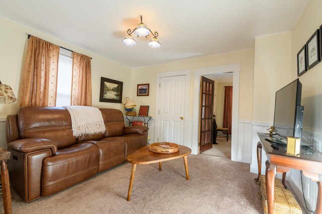 living room featuring light carpet