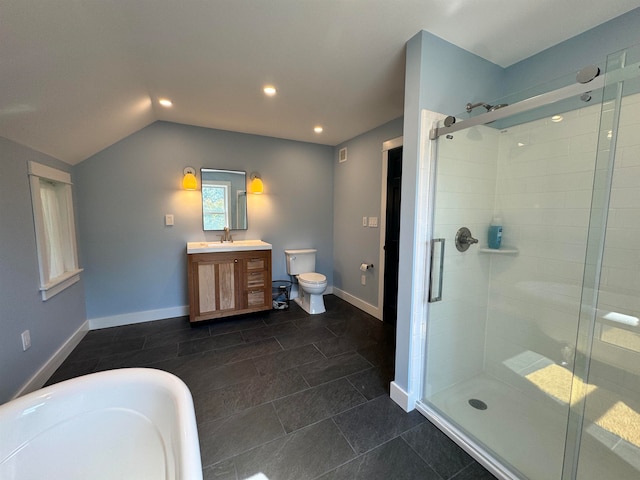 bathroom with tile patterned flooring, toilet, an enclosed shower, vaulted ceiling, and vanity