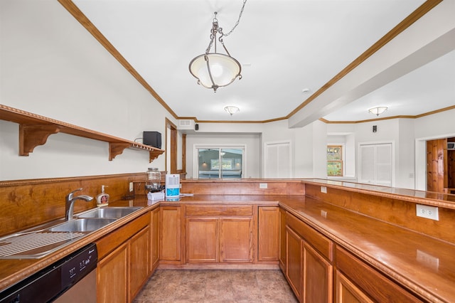 kitchen featuring pendant lighting, plenty of natural light, ornamental molding, and stainless steel dishwasher