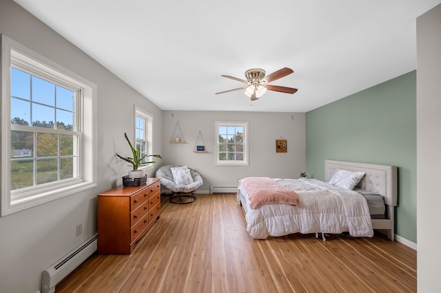 bedroom featuring ceiling fan, light hardwood / wood-style floors, and a baseboard heating unit