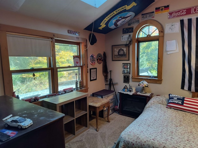 bedroom featuring lofted ceiling and carpet