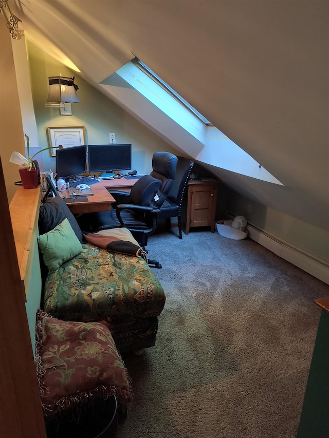 carpeted office space featuring vaulted ceiling with skylight