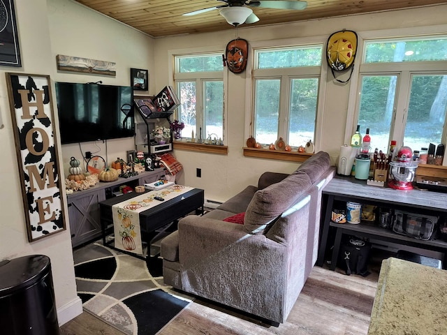 living room featuring ceiling fan, a wealth of natural light, wood ceiling, and light hardwood / wood-style flooring