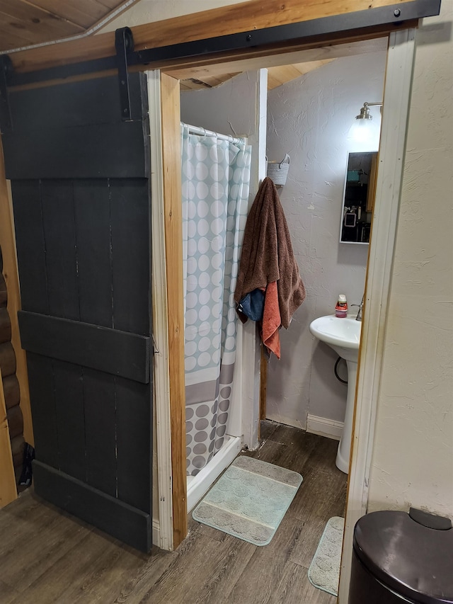 bathroom featuring walk in shower and hardwood / wood-style flooring