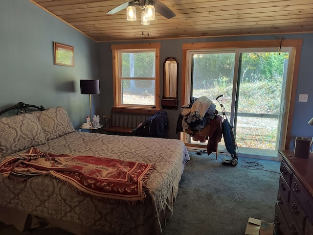 bedroom featuring access to outside, ceiling fan, wood ceiling, carpet floors, and vaulted ceiling