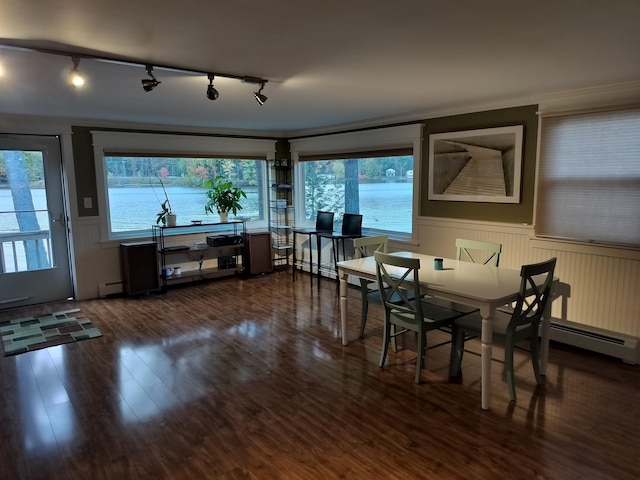 dining space with a water view, track lighting, and plenty of natural light