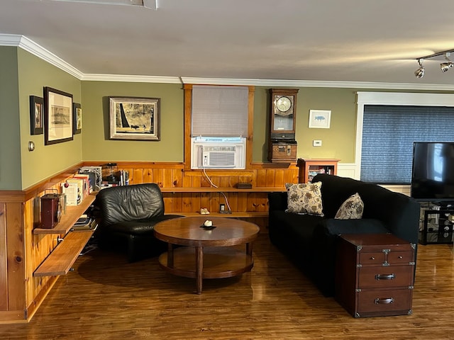 living room featuring ornamental molding, dark hardwood / wood-style floors, and cooling unit