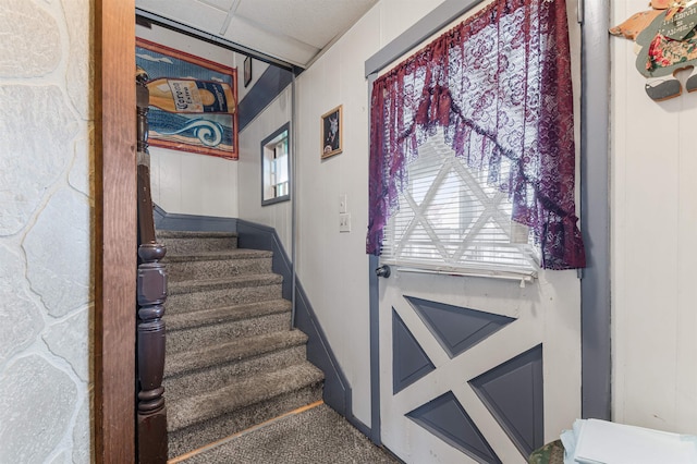 stairs featuring a paneled ceiling and carpet