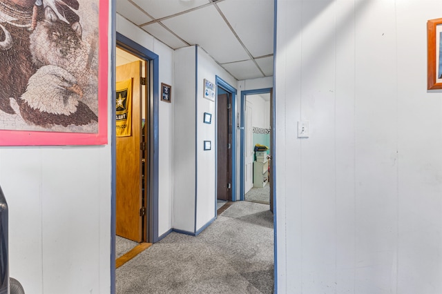 hallway with a paneled ceiling and light carpet