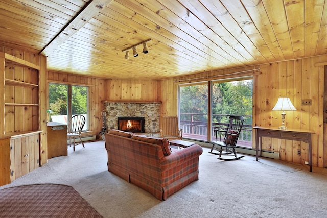 carpeted living room with wooden walls, wood ceiling, plenty of natural light, and rail lighting