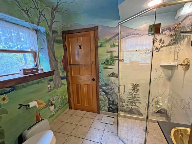 bathroom featuring walk in shower, toilet, and tile patterned flooring