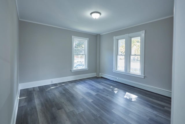 unfurnished room with dark wood-type flooring, crown molding, and a baseboard radiator