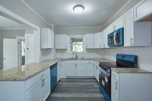 kitchen featuring dark hardwood / wood-style flooring, sink, light stone counters, white cabinets, and black appliances