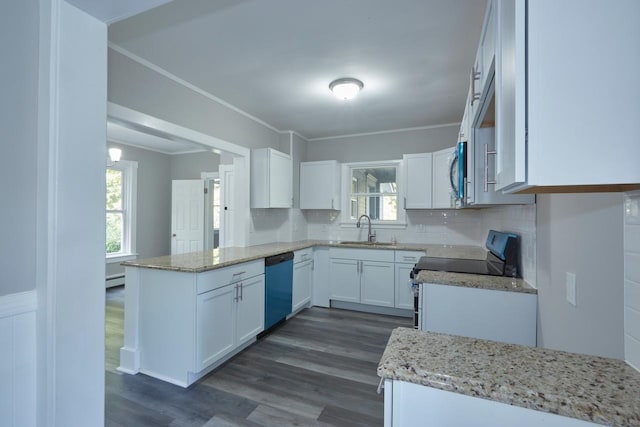 kitchen with tasteful backsplash, sink, white cabinetry, range with electric stovetop, and dishwasher