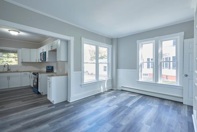 kitchen with stove, a baseboard radiator, and a healthy amount of sunlight