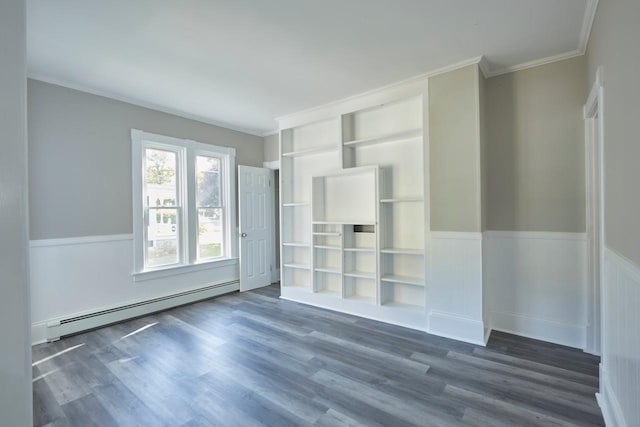 interior space featuring crown molding, dark hardwood / wood-style floors, and baseboard heating