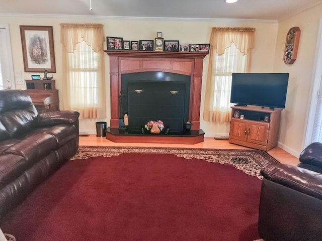 living room with crown molding