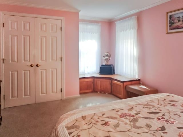 unfurnished bedroom with ornamental molding, light carpet, and a closet