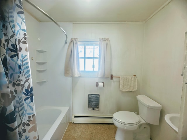 stairway featuring wood-type flooring, baseboard heating, and wallpapered walls