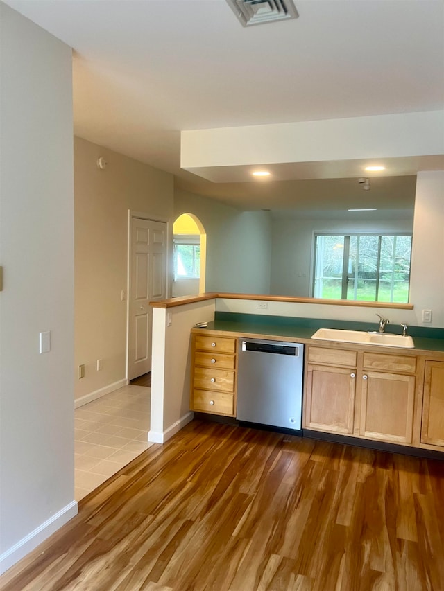 kitchen with plenty of natural light, sink, dark hardwood / wood-style floors, and stainless steel dishwasher