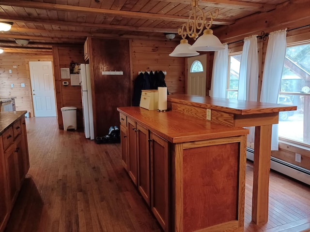 kitchen featuring wooden walls, wood ceiling, hanging light fixtures, and dark hardwood / wood-style floors