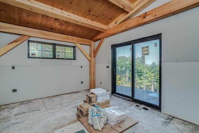 unfurnished room featuring lofted ceiling with beams and a healthy amount of sunlight