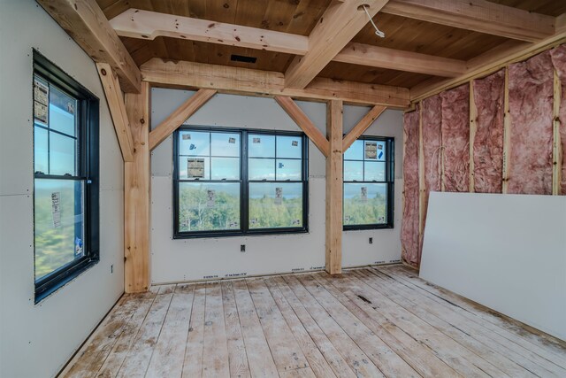 spare room featuring lofted ceiling with beams, light hardwood / wood-style floors, and wooden ceiling