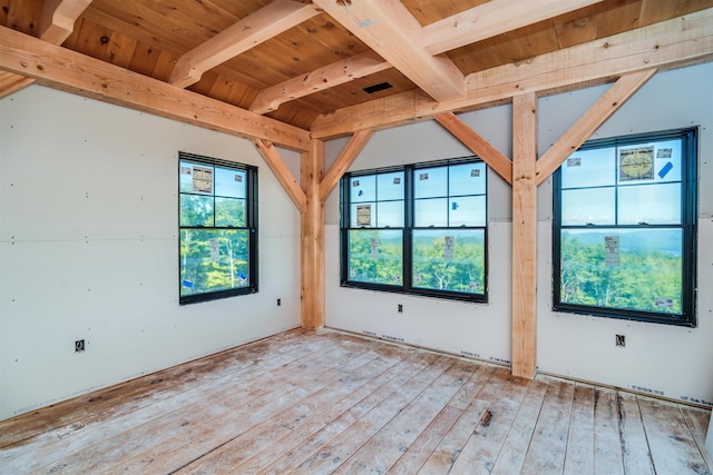 unfurnished room with beam ceiling, light hardwood / wood-style flooring, and wooden ceiling