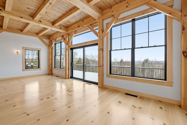 unfurnished room featuring light wood-type flooring, wooden ceiling, and beam ceiling