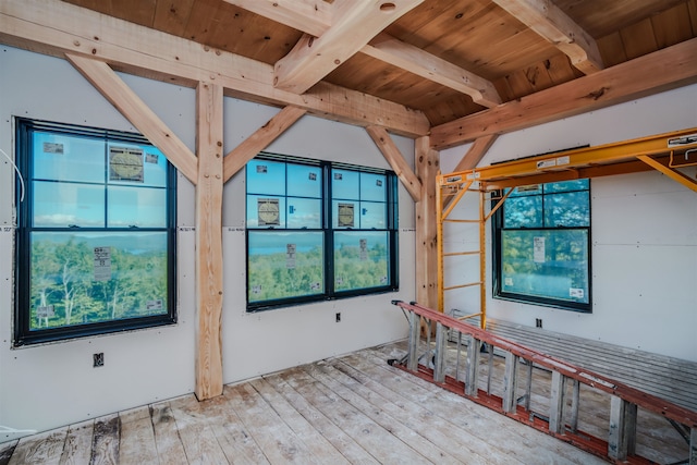 interior space with beam ceiling and wooden ceiling