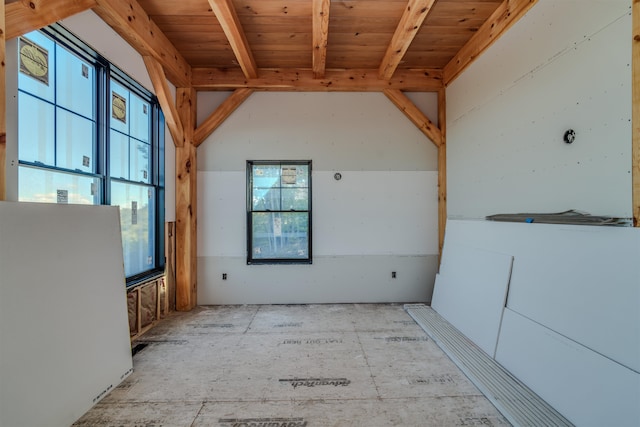 spare room featuring a wealth of natural light, beamed ceiling, and wooden ceiling