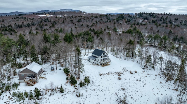 snowy aerial view featuring a mountain view