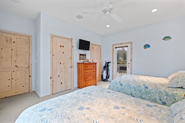 bedroom featuring ceiling fan, access to exterior, and light colored carpet