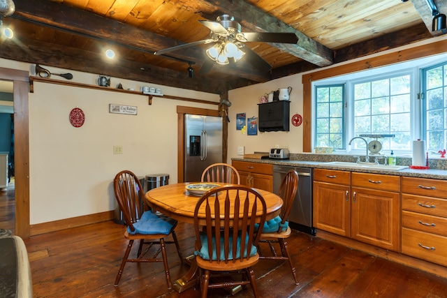 kitchen with beam ceiling, dark hardwood / wood-style flooring, wood ceiling, sink, and appliances with stainless steel finishes