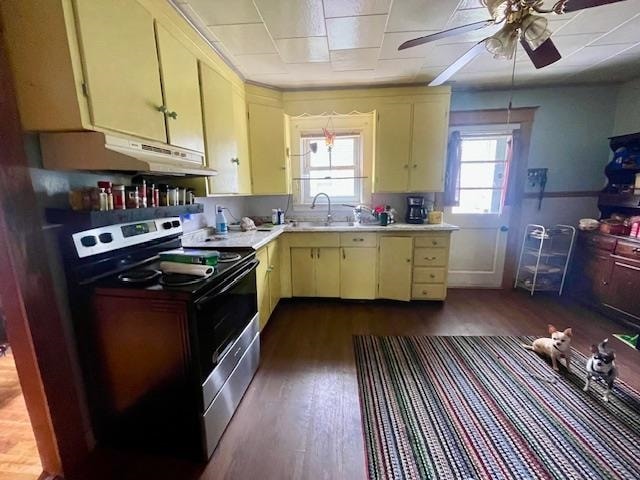 kitchen with sink, stainless steel range with electric cooktop, wood-type flooring, and ceiling fan