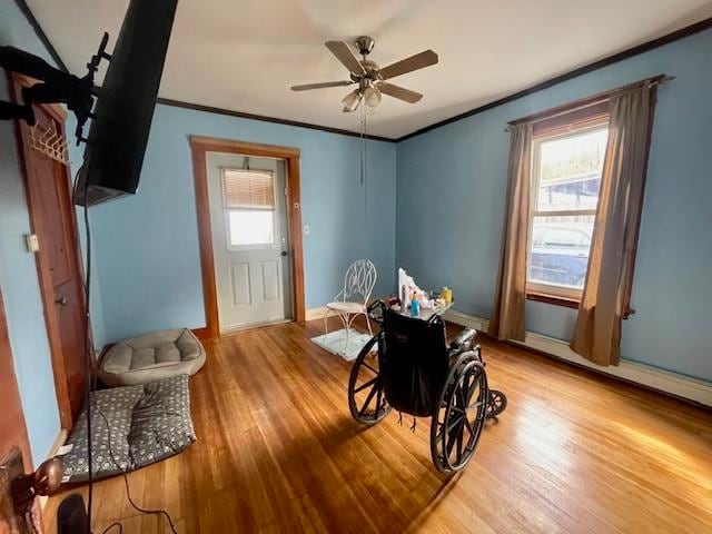 interior space with crown molding, ceiling fan, light wood-type flooring, and plenty of natural light