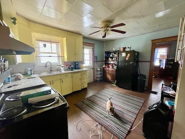 kitchen with sink, stainless steel range with electric stovetop, dark hardwood / wood-style flooring, black fridge, and ceiling fan