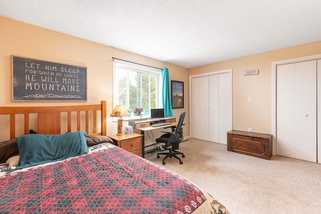 carpeted bedroom with multiple closets