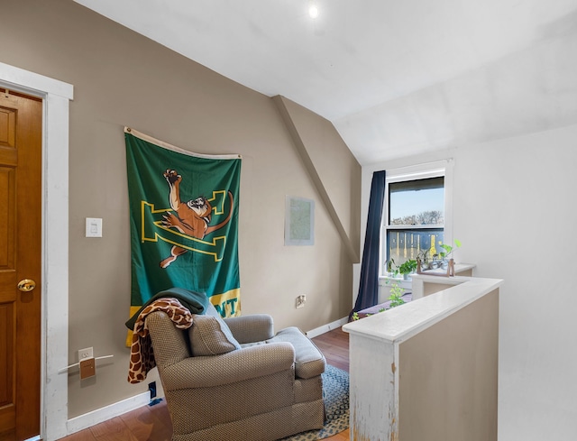 living area featuring hardwood / wood-style floors and lofted ceiling