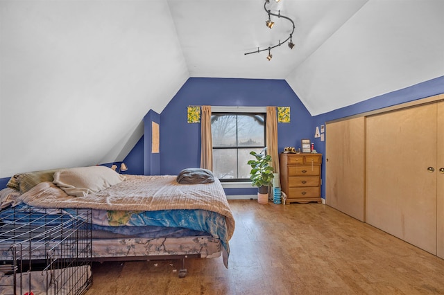 bedroom featuring track lighting, vaulted ceiling, and a closet