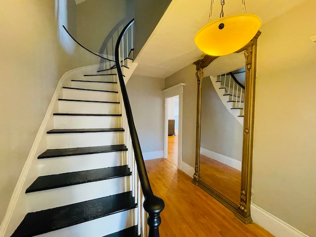 staircase with hardwood / wood-style floors