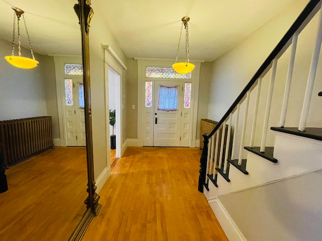 foyer featuring hardwood / wood-style floors, radiator, and plenty of natural light