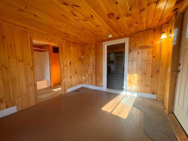 unfurnished room with wood-type flooring, wooden walls, and wooden ceiling