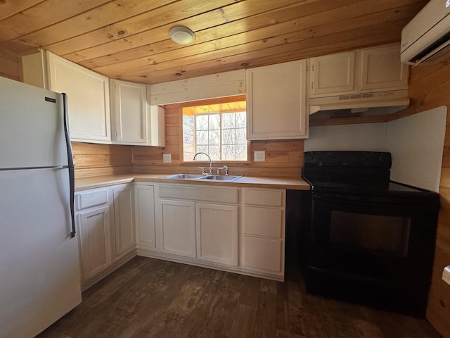10 N Ave, Richford, VT 05476 - kitchen featuring freestanding refrigerator, black electric range oven, a sink, under cabinet range hood, and wooden ceiling
