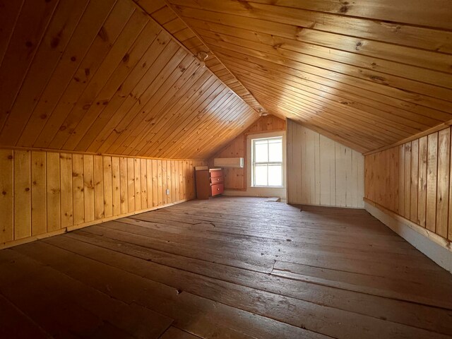 bonus room with hardwood / wood-style floors, lofted ceiling, wooden walls, and wooden ceiling