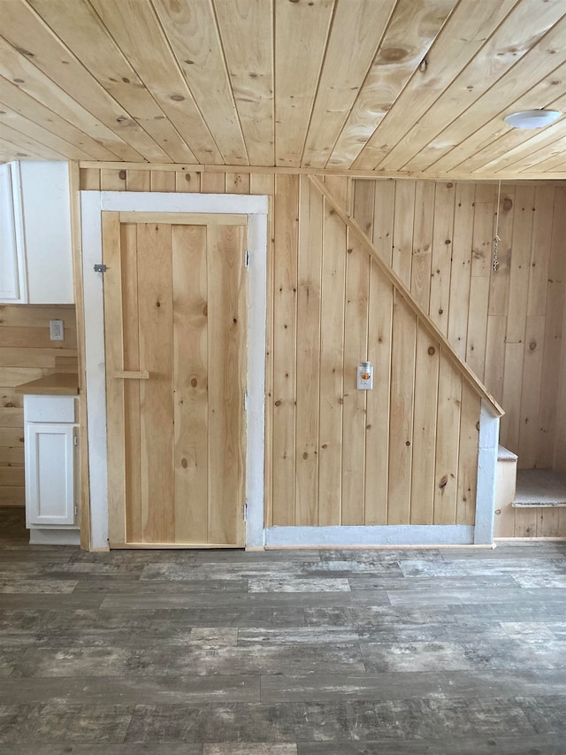 interior space featuring dark hardwood / wood-style floors, wood walls, and wood ceiling